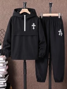 SHEIN 青少年男孩半拉鍊連帽夾克與慢跑褲2件套，休閒運動風，適合秋冬、通勤、上學、日常穿著、度假、旅行、運動，四季皆宜，抓絨加厚 - 彩色 - 查看 5
