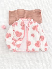 Newborn Baby Girl Cute Autumn/Winter Versatile Casual Heart Pattern Fluffy Jacket - Pink - View 3
