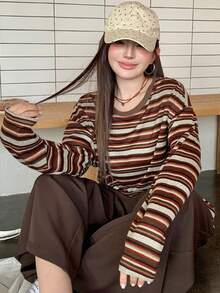Dazy Plus Autumn New Striped Loose Casual Plus Size T-Shirt - Brown - View 4