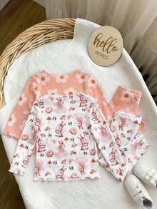 SHEIN 可愛女嬰花卉與卡通圖案長袖針織家居服套裝 - 彩色 - 查看 2