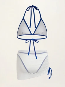 TOM & JERRY X SHEIN Women's Cartoon Print Bikini Swimwear Cover Up Skirt Set Beach Blue And White White Cute - Blue and White - View 2