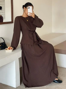 Dazy Plus Solid Color Round Neck Long Sleeve Asymmetric Tie Top & Long Loose Brown Skirt 2pcs Set, Spring/Autumn Lounge Sets For Women - Rust Brown - View 2