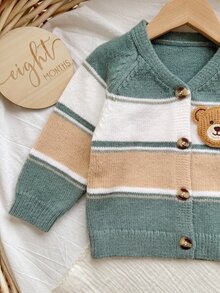 SHEIN Newborn Baby 3D Bear Pattern Colorblock Casual Daily Autumn Cardigan - Green - View 10