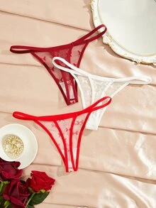 SHEIN Butterfly Jacquard Sexy Sweet Lace Thong - Multicolor - View 2