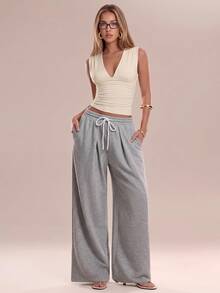 Avantive Women's Drawstring Pleated Wide Leg Loose Floor-Length Casual Sports Retro Slouchy Sweatpants - Grey - View 7