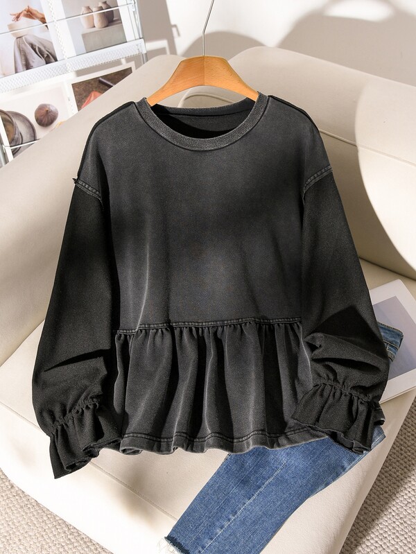 CosyJoli Women's Fashion Versatile Bell Sleeve Round Neck Ruffle Hem Washed Sweatshirt,Casual Commuter Fashion Black Sweatshirt, Autumn,Casual,School Outfits