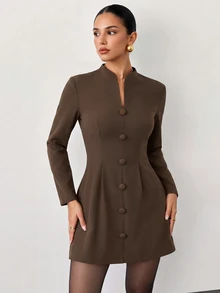 Firerie Women's Solid Color Button Design Long Sleeve Elegant Short Dress - Brown - View 3