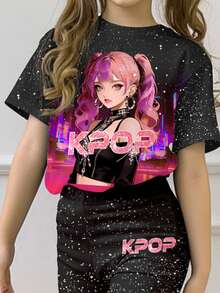 卡通女孩彩色星空粉漸層黑 K-Pop 超級巨星風格 青少年女孩休閒卡通圖案圓領短袖T恤與喇叭褲兩件套 夏季適用 - 白色 - 查看 5