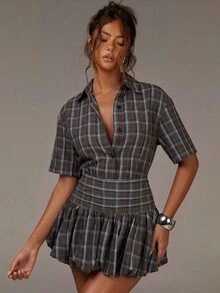 Athîral Women's Plaid Single-Breasted Short Sleeve Shirt And Pleated Mini Skirt 2 Pieces Set - Multicolor - View 4