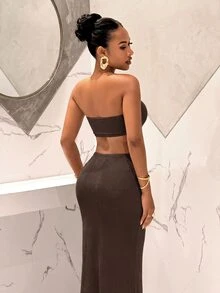 Slaydiva Elegant Spring/Summer Beach Vacation Look: A Tie-Front Strapless Mesh Leopard Print Top And A Fishtail Fitted Maxi Skirt. Also Includes A Women's Leopard Print Semi-Sheer Leopard Print Suit - A - Rust Brown - View 2