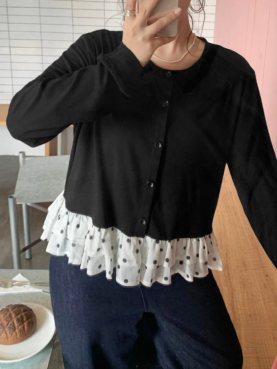 Dazy Plus 女童純色拼接波點下擺休閒長袖T恤，春夏秋可愛上衣 - 黑色 - 查看 1