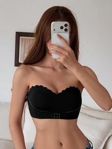 DAZY Solid Color Seamless Wavy Edge Padded Bra With Slight Push-Up For Women, Strapless - Black - View 4