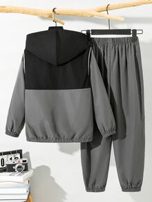 SHEIN 2件組兒童青少年男孩半拉鍊連帽外套與慢跑長褲套裝，灰色，適合秋冬、學校、家庭聚會、返校、運動、秋季穿搭、冬季穿搭、生日派對 - 彩色 - 查看 5