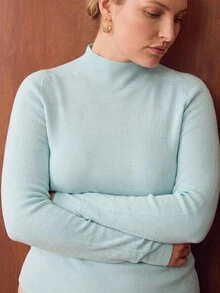 MOTF PREMIUM PLUS SIZE WOMEN'S SOLID COLOR MOCK NECK RIBBED KNIT SWEATER - Blue and White - View 1