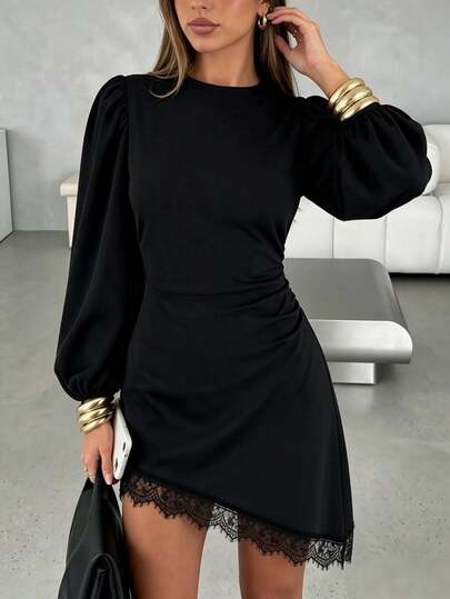 SHEIN LUNE Solid Black Round Neck Puff Long Sleeve Side Ruched Lace Hem Short Dress, Slim Fit Flattering Sexy Little Black Dress For Date, Party, Commute, Autumn/Winter