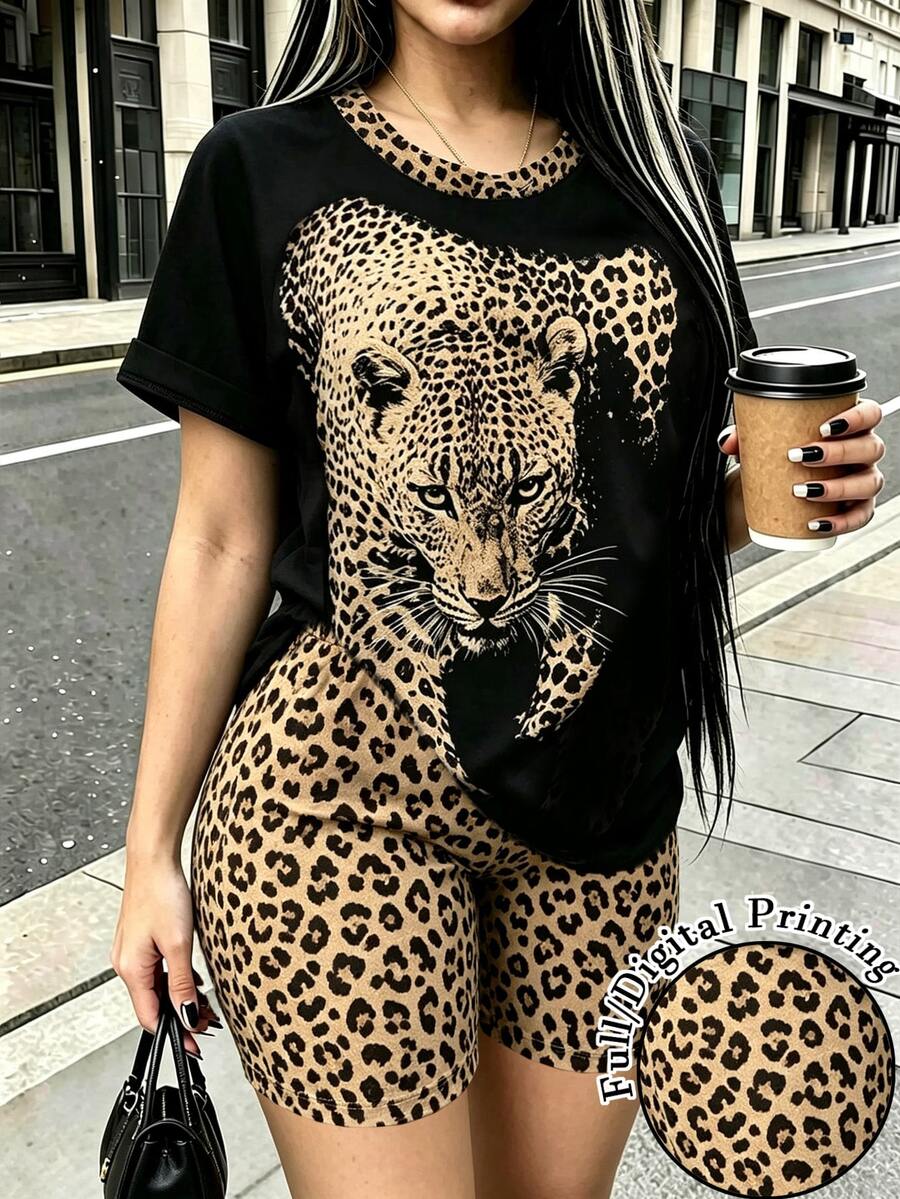 Rovax Women's Summer Casual Leopard Print T-Shirt & Shorts 2 Pieces Set - Multicolor - View 1