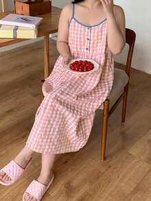 Dazy Plus Teen Girls Casual Plaid Colorblock Spaghetti Strap Nightgown, Spring Summer Autumn New Style - Pink - View 2