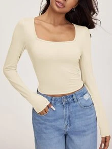 SHEIN BASICS 3件組女款純色針織長袖修身方領短版T恤，夏季服飾 - 彩色 - 查看 7