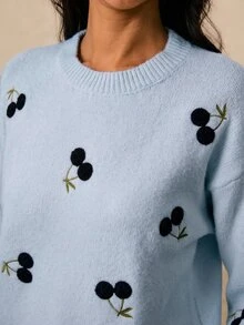 Poéselle 女款刺繡櫻桃舒適圓領長袖針織衫 - 藍色 - 查看 4
