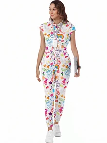 TaskEZ Silk Cartoon Graphic Cap Sleeve Drawstring Waist Scrub Jumpsuit - Multicolor - View 3