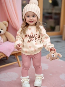 珊瑚粉 可愛愛心字母 Mama'girl❤ 嬰兒女童休閒舒適柔軟加厚保暖圓領長袖衛衣與內搭褲套裝，適合秋冬日常穿著，舒適時尚 - 彩色 - 查看 3
