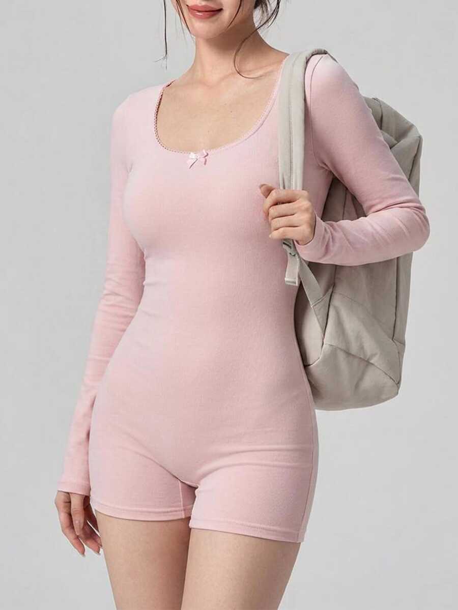 DAZY Women's Solid Color Bow Decor Long Sleeve Athletic Romper Fall - Pink - View 1
