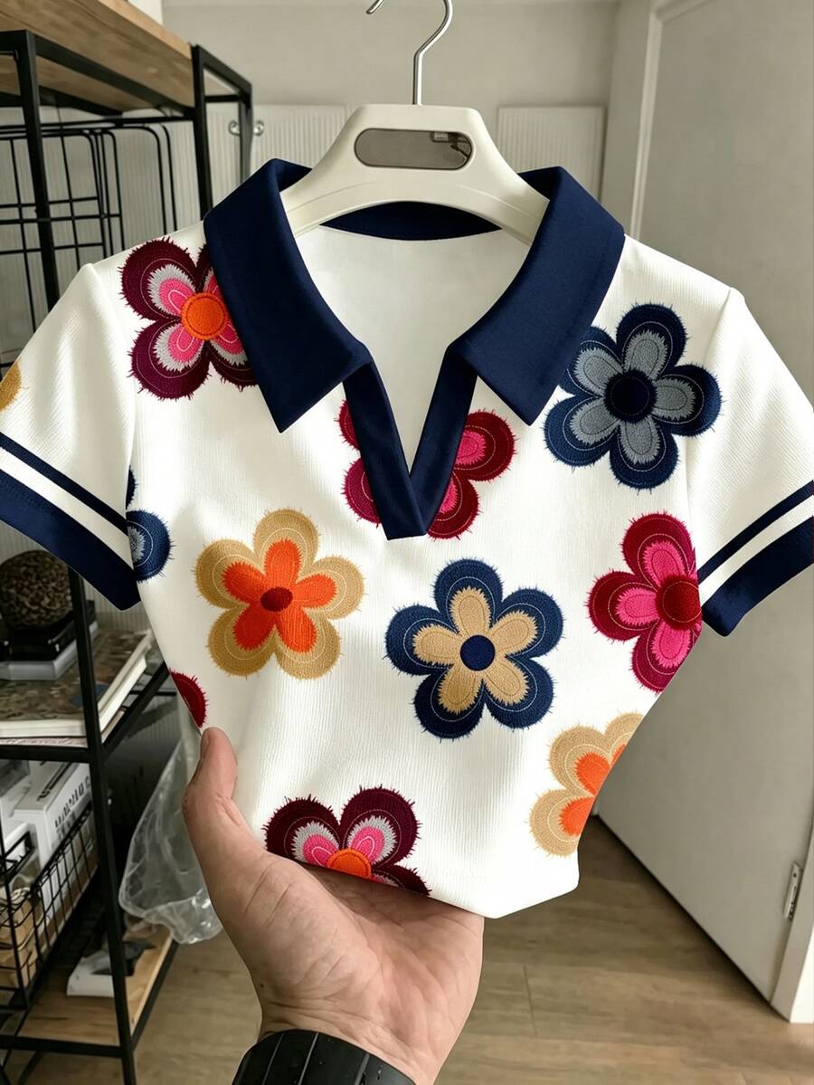 壓花 T 恤 波西米亞野花植物印花上衣 Chill Chill 青少年女孩休閒短袖上衣 夏季風格 剪裁款 - 白色 - 查看 1