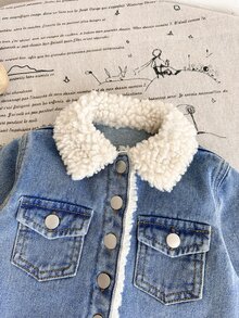 Baby Girl Autumn/Winter Blue Denim Fleece Trim Loose Short Jacket & Skirt 2-Piece Set - Blue - View 7