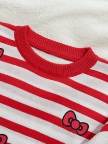 HELLO KITTY AND FRIENDS | SHEIN GraphicGems 女童秋冬休閒拼色條紋蝴蝶結印花針織衫 - 粉色 - 查看 5
