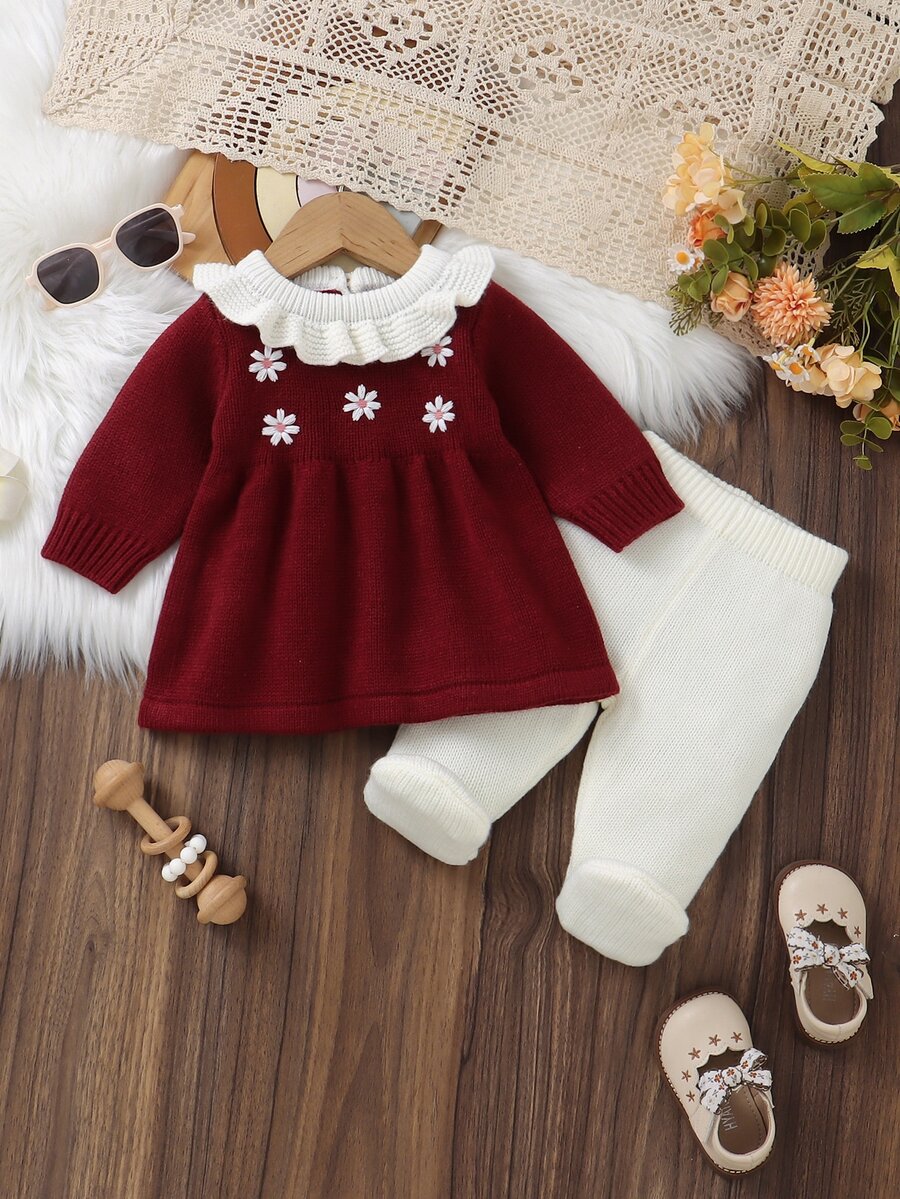 Set 2 Potong Warna Pink untuk Bayi Baru Lahir: Gaun Sweater (Kerah Ruffle + Bordir) + Legging Kasual, Gaya Sederhana dan Manis - Burgundy - View 1