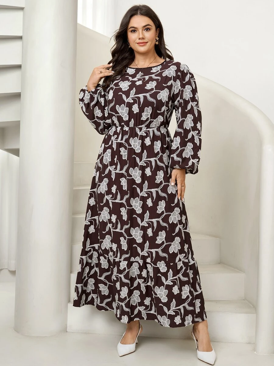 Comfylo Plus Size Vacation Fashion Floral Print Long Sleeve Dress - Brown - View 1