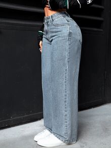 SHEIN PETITE 女款寬鬆寬腿休閒牛仔褲，附口袋 - 霧霾藍 - 查看 7