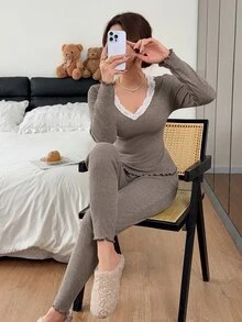 Napfluff Solid Color Slim Fit V-Neck Lace Patchwork Long Sleeve Long Pants Women's Base Layer Pajama Set - Coffee Brown - View 7