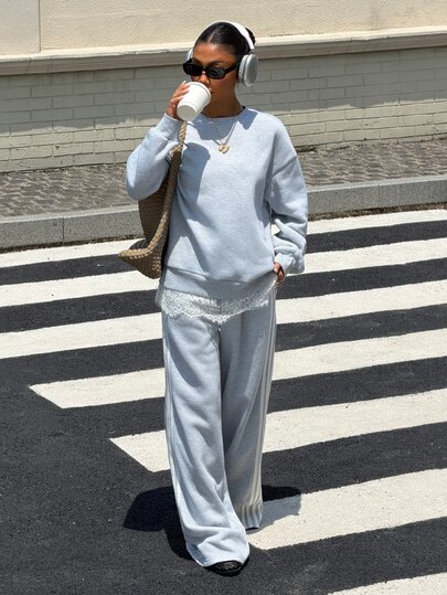 Muchica Women's Autumn/Winter New Light Gray Thermal Lined Lace Patchwork Casual Loose Round Neck Sweatshirt & Sweatpants Set