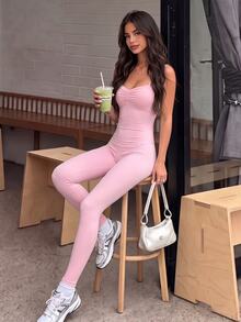 Dewbera Dewbera 1pc Women's Pink Long Leg Adjustable Shoulder Strap Ruched Bust Jumpsuit - Dusty Pink - View 7