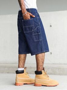 Manfinity Homme Men's Street Style Casual Multi-Pocket Cargo Blue Plus Size Denim Shorts - Dark Wash - View 6