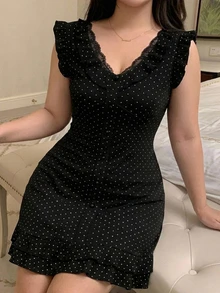Dazy Plus Lace Patchwork Polka Dot All-Over Print Short Waist-Cinching Dress, Sleepwear - Black - View 4