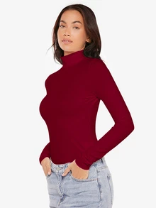 SHEIN BASICS Camisetas de cuello alto de manga larga de punto acanalado ajustadas para mujeres en color negro - Burdeos - Ver 3