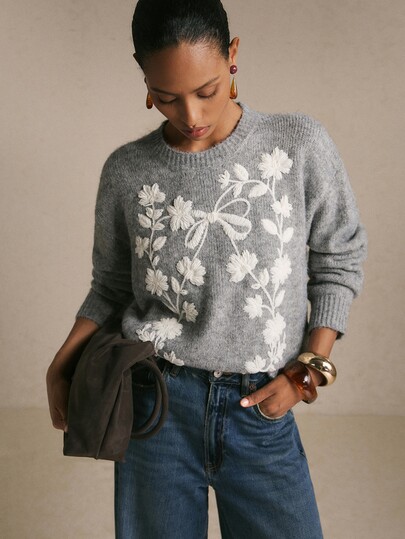 Poéselle Women's Floral Pattern Drop Shoulder Long Sleeve Casual Sweater