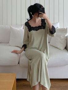 DAZY Women's Comfortable Versatile Lace Patchwork Long Sleeve Nightgown - Khaki - View 11