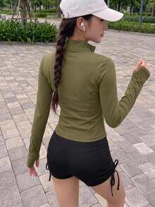 DAZY 女款純色彈性小立領修身長袖夾克，運動休閒，春秋款 - 軍綠色 - 查看 2