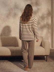 Livesso Women's Striped Colorblock Long Sleeve Top And Casual Long Pants Pajama Set Fall - Khaki - View 2