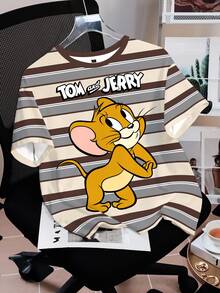 TOM & JERRY X SHEIN 大尺碼夏季休閒拼色條紋卡通印花T恤 - 白色 - 查看 5
