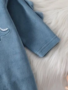 Newborn Dusty Blue Dinosaur Embroidered 3D Triangle Decor Round Neck Asymmetric Front Closure Footed Jumpsuit Hat Home Wear Set Sleep Autumn Baby - Navy Blue - View 5