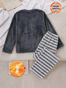 Teen Boy Solid Color Crew Neck Long Sleeve Top And Striped Long Pants Casual Everyday Outfit Autumn - Grey - View 4