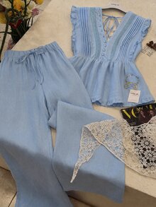 INAWLY 溫柔風亞麻兩件套，夏季V領荷葉邊無袖上衣 + 高腰抽繩寬腿褲 大尺碼 - 藍色 - 查看 1
