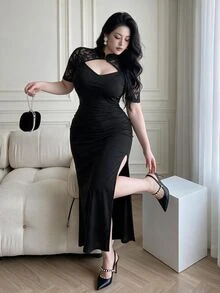 Vibekara Fashionable Cheongsam Collar Lace Patchwork Long High Slit Dress - Black - View 5