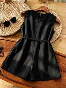 Franclia Women's Solid Color Sleeveless Tie-Front Wrap Romper - Black - View 2