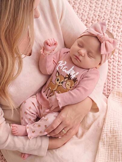 Newborn Baby Deer Print Top And Ditsy Floral Pants Loungewear