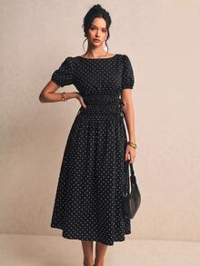 Poéselle Vestido largo casual de mujer con lunares y plisado para fiesta y viaje - Negro - Ver 10